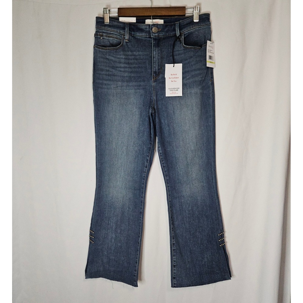 Skinnygirl Julie Crop Flare Jeans‎ Womens 30/10 Blue Studded High Rise Raw Hem